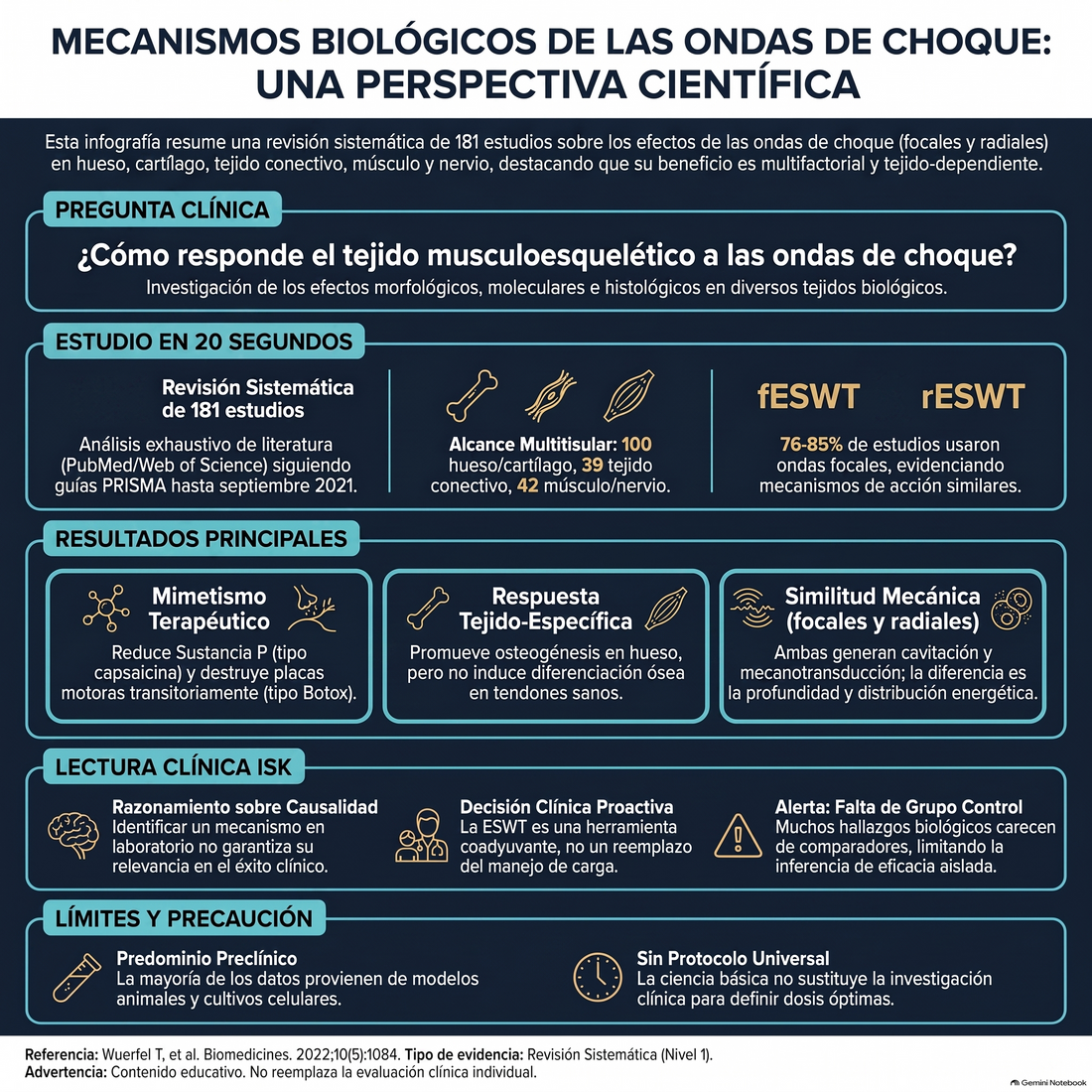 Infografía sobre mecanismos biológicos de las ondas de choque focales y radiales en tejido musculoesquelético.