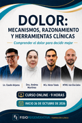 Afiche del curso Dolor: mecanismos, razonamiento y herramientas clínicas, con sus cuatro docentes